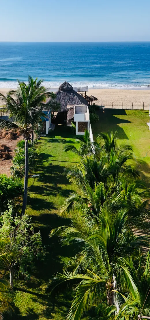 Vista aerea de la casa frente al mar con techo de palapa y jardin
